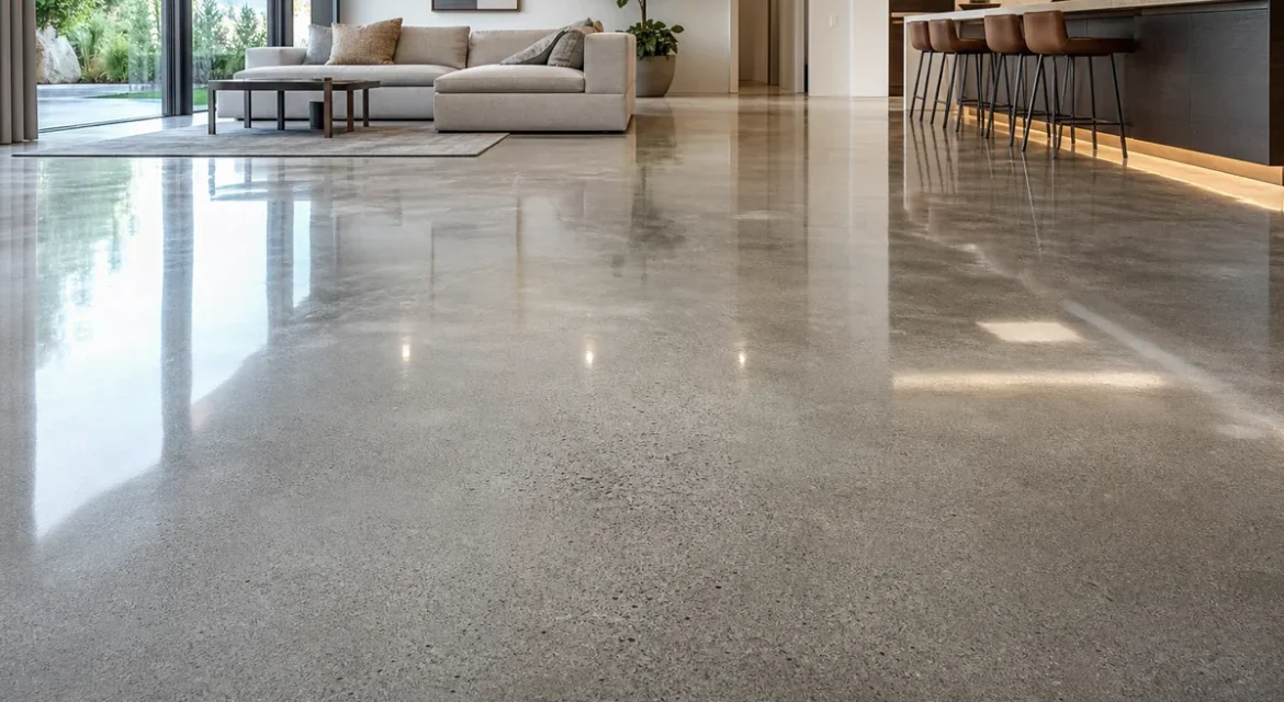 Polished concrete floor in a modern Southern California home with high-gloss finish reflecting natural light