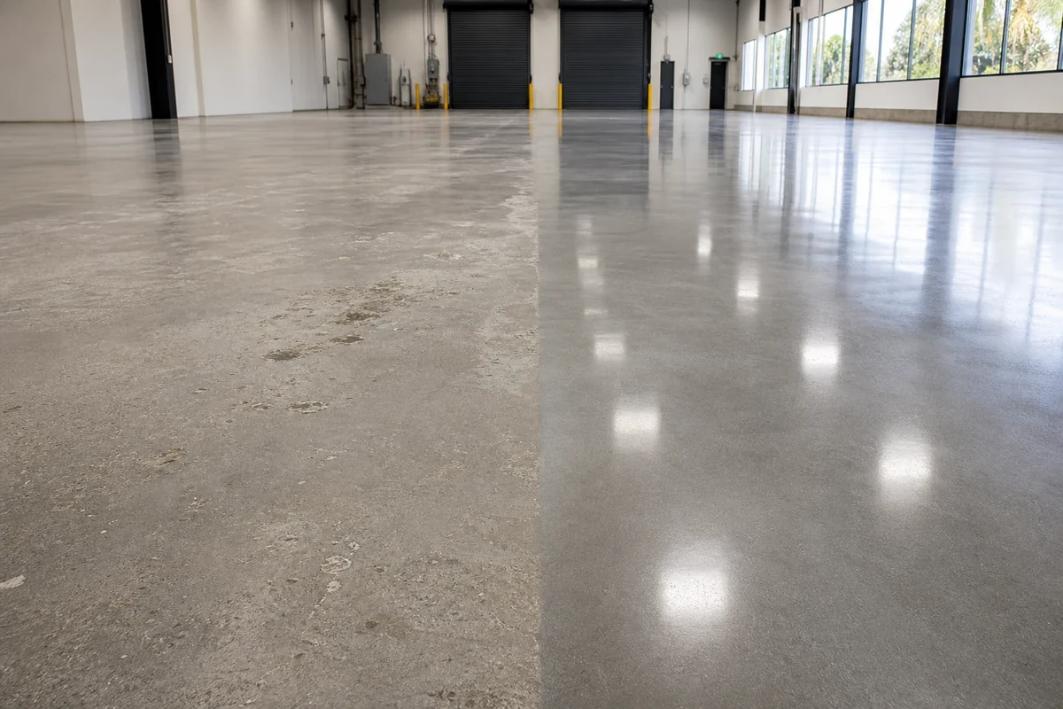 Before and after comparison of commercial concrete floor showing unsealed versus professionally sealed surface