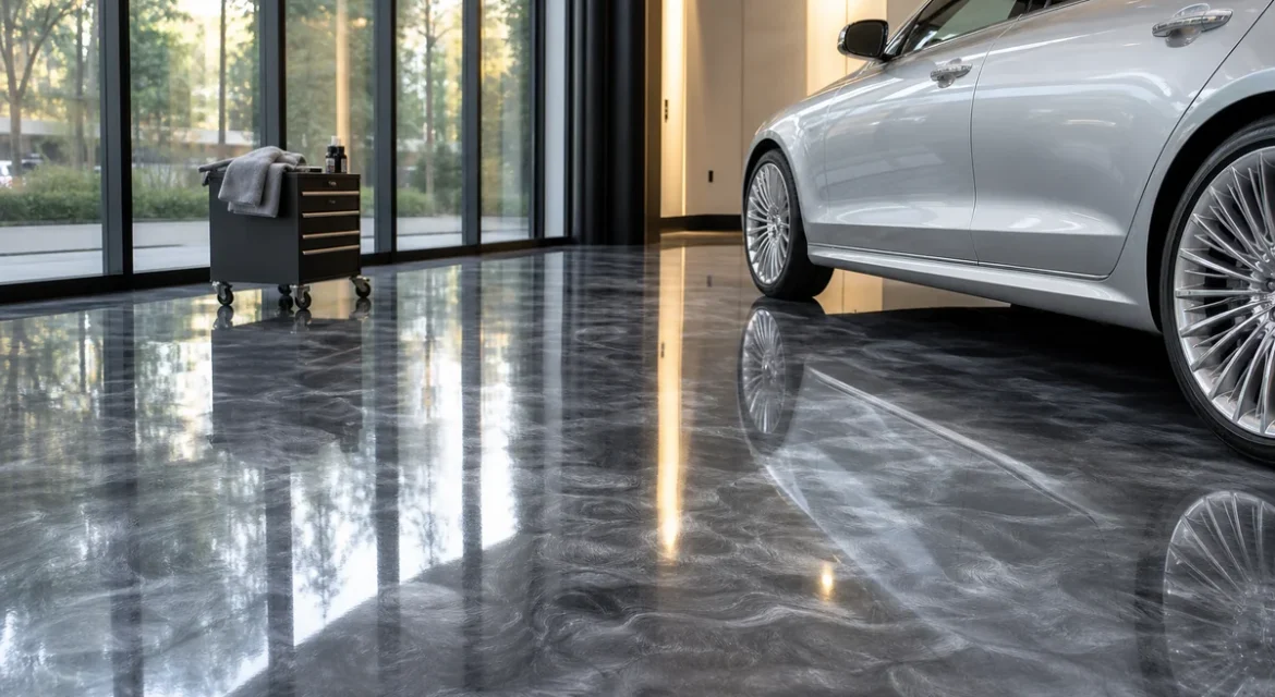 Luxury car showroom with premium metallic epoxy flooring showing mirror-like reflections