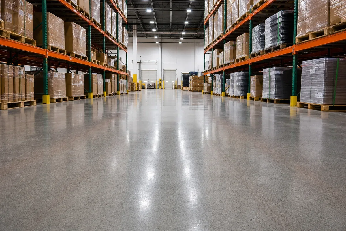 Commercial warehouse with solid gray epoxy flooring showing professional installation