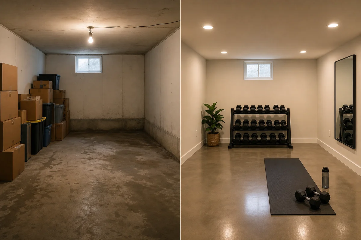 Before and after: damp unfinished basement transformed into bright polished concrete home gym