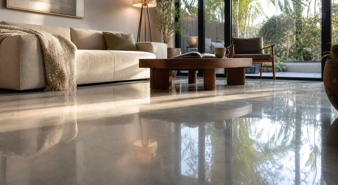 High-gloss residential polished concrete floors in a luxury Los Angeles living room with natural light reflections.