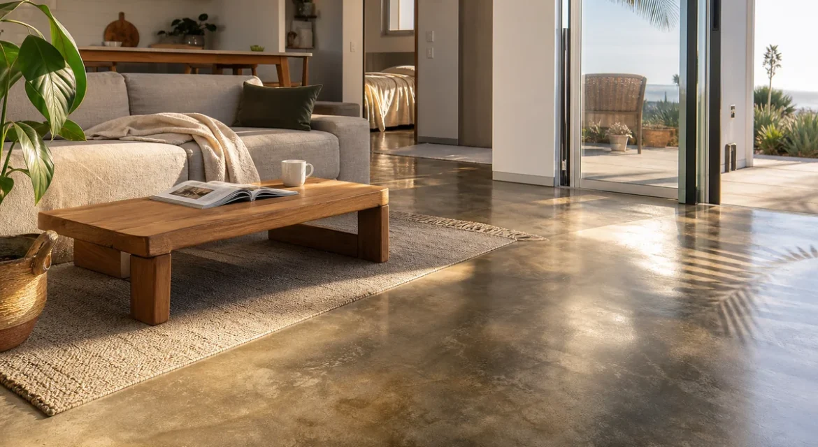 Stained and polished concrete floor in a modern Orange County home with warm gray tones